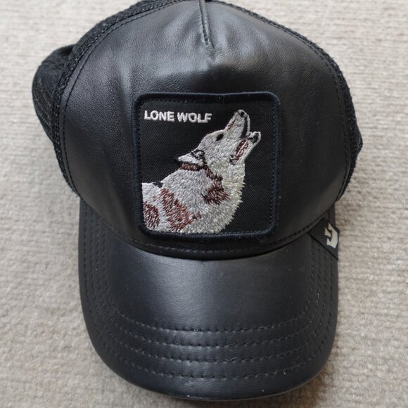 Goorin Bros Hat Black Trucker Lone Wolf Leather - Picture 1 of 6
